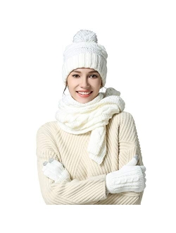 Silanon Hat Gloves Scarf Set Women - Beanie Winter Gift Set Warm Knit Pom Cap Touch Screen Glove Long Scarf 3pcs for Women