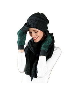 Silanon Hat Gloves Scarf Set Women - Beanie Winter Gift Set Warm Knit Pom Cap Touch Screen Glove Long Scarf 3pcs for Women