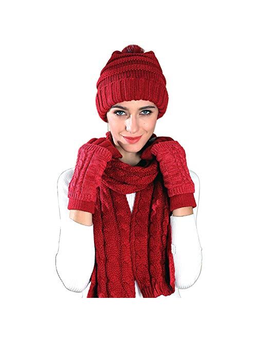 Silanon Hat Gloves Scarf Set Women - Beanie Winter Gift Set Warm Knit Pom Cap Touch Screen Glove Long Scarf 3pcs for Women