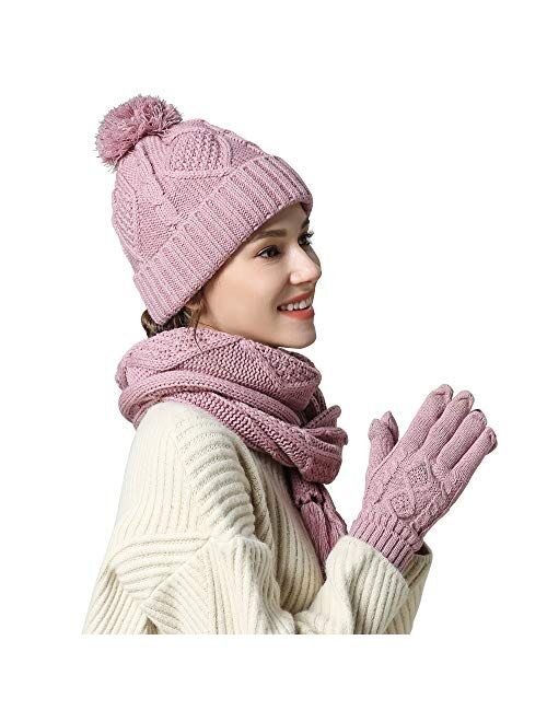 Silanon Hat Gloves Scarf Set Women - Beanie Winter Gift Set Warm Knit Pom Cap Touch Screen Glove Long Scarf 3pcs for Women