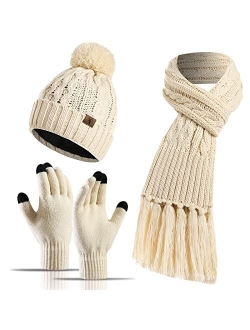 Honnesserry Winter Warm Beanie Hat Scarf and Touchscreen Gloves Set for Womens Skull Caps Neck Scarves with Fleece Lined for Men