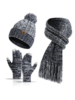 Honnesserry Winter Warm Beanie Hat Scarf and Touchscreen Gloves Set for Womens Skull Caps Neck Scarves with Fleece Lined for Men