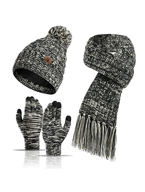 Honnesserry Winter Warm Beanie Hat Scarf and Touchscreen Gloves Set for Womens Skull Caps Neck Scarves with Fleece Lined for Men