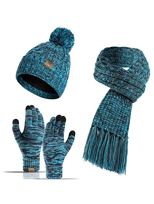 Honnesserry Winter Warm Beanie Hat Scarf and Touchscreen Gloves Set for Womens Skull Caps Neck Scarves with Fleece Lined for Men