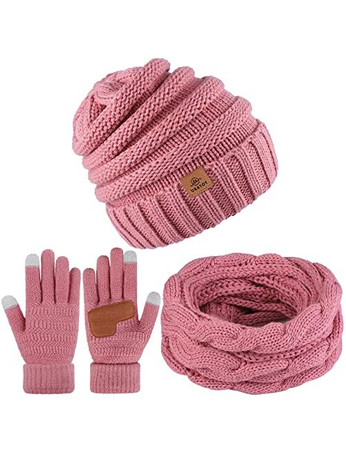 URATOT 3 Pack Winter Knitted Beanie Hat Scarf Gloves Set Thick Hat and Scarf Touchscreen Gloves for Men Women