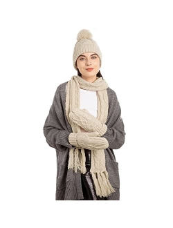 ANDORRA 3 in 1 Women Soft Warm Thick Cable Knitted Hat Scarf & Gloves Winter Set