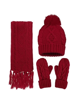 ANDORRA 3 in 1 Women Soft Warm Thick Cable Knitted Hat Scarf & Gloves Winter Set