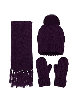 ANDORRA 3 in 1 Women Soft Warm Thick Cable Knitted Hat Scarf & Gloves Winter Set