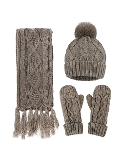 ANDORRA 3 in 1 Women Soft Warm Thick Cable Knitted Hat Scarf & Gloves Winter Set