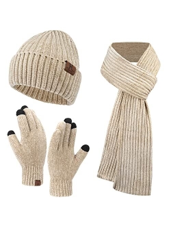 Aqothes Womens Winter Knit Warm Hat Beanie+Long Scarf+Touch Screen Gloves Set Skull Caps Neck Scarves for Women