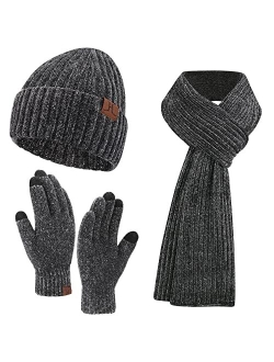 Aqothes Womens Winter Knit Warm Hat Beanie+Long Scarf+Touch Screen Gloves Set Skull Caps Neck Scarves for Women