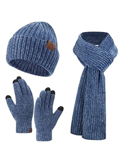 Aqothes Womens Winter Knit Warm Hat Beanie+Long Scarf+Touch Screen Gloves Set Skull Caps Neck Scarves for Women