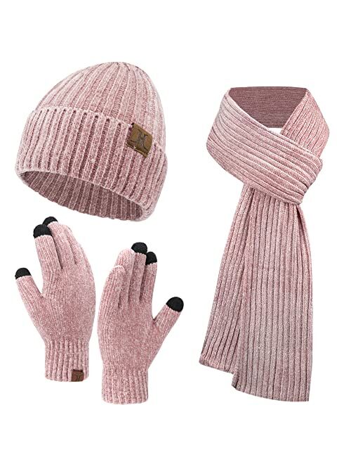 Aqothes Womens Winter Knit Warm Hat Beanie+Long Scarf+Touch Screen Gloves Set Skull Caps Neck Scarves for Women