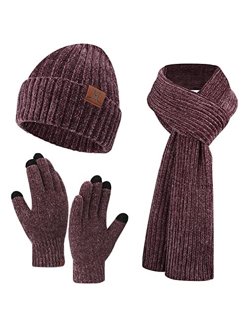 Aqothes Womens Winter Knit Warm Hat Beanie+Long Scarf+Touch Screen Gloves Set Skull Caps Neck Scarves for Women