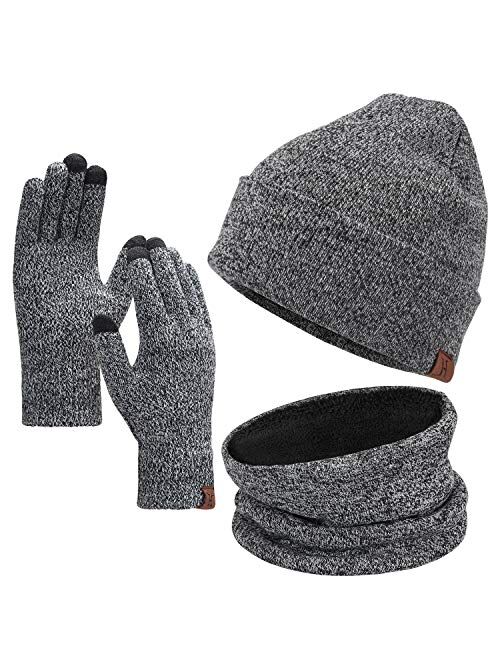 FZ FANTASTIC ZONE Winter Beanie Hat Scarf Touchscreen Gloves Set for Men and Women, Beanie Gloves Neck Warmer Set with Warm Knit Fleece Lined