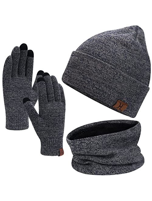 FZ FANTASTIC ZONE Winter Beanie Hat Scarf Touchscreen Gloves Set for Men and Women, Beanie Gloves Neck Warmer Set with Warm Knit Fleece Lined