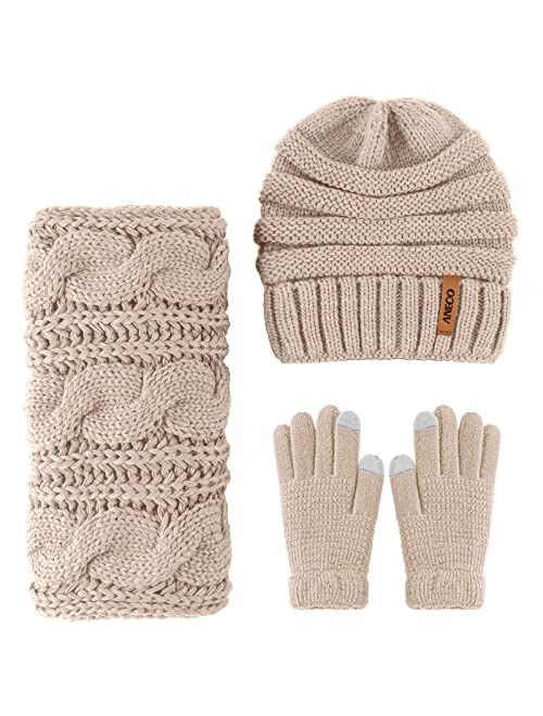 Aneco Winter Warm Knitted Scarf Beanie Hat and Gloves Set Men & Women's Soft Stretch Hat Scarf and Mitten Set