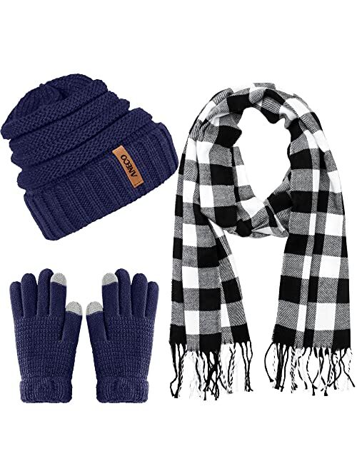 Aneco Winter Warm Knitted Scarf Beanie Hat and Gloves Set Men & Women's Soft Stretch Hat Scarf