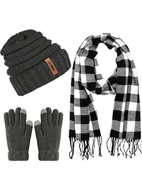 Aneco Winter Warm Knitted Scarf Beanie Hat and Gloves Set Men & Women's Soft Stretch Hat Scarf