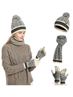 Kawior Winter Beanie Hat and Touchcreen Gloves for Women Neck Warmer Scarf Set Fleece Lined Skull Cap for Men 3Pcs