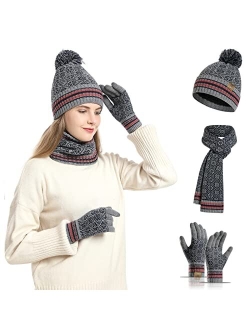 Kawior Winter Beanie Hat and Touchcreen Gloves for Women Neck Warmer Scarf Set Fleece Lined Skull Cap for Men 3Pcs