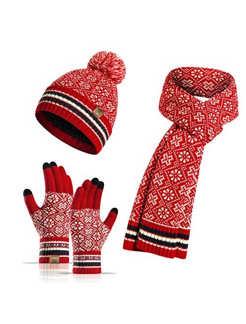 Kawior Winter Beanie Hat and Touchcreen Gloves for Women Neck Warmer Scarf Set Fleece Lined Skull Cap for Men 3Pcs