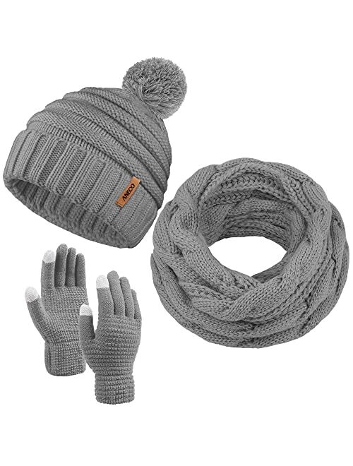 Aneco Winter Warm Knitted Scarf Beanie Hat and Gloves Set Men & Women's Soft Stretch Hat Scarf and Mitten Set