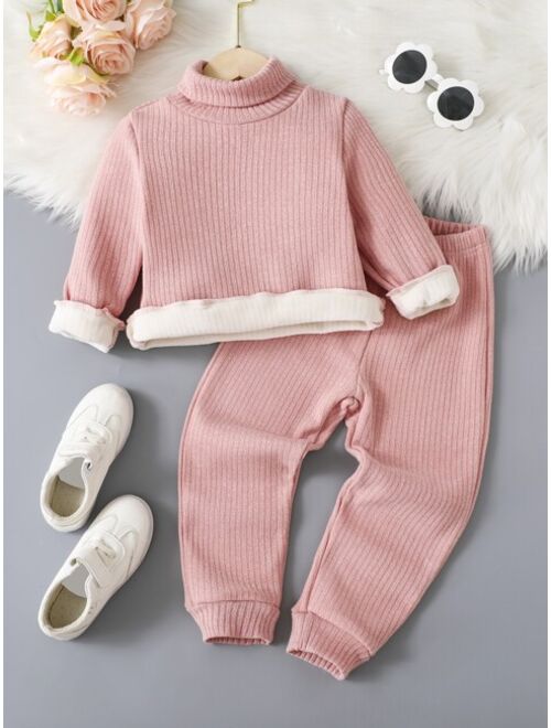 Shein Toddler Girls Turtleneck Thermal Lined Pullover & Sweatpants