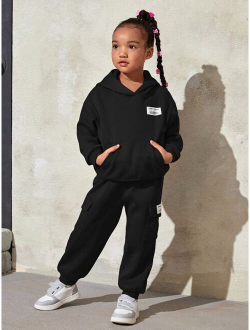 SHEIN Toddler Girls Patched Detail Drop Shoulder Thermal Hoodie & Sweatpants