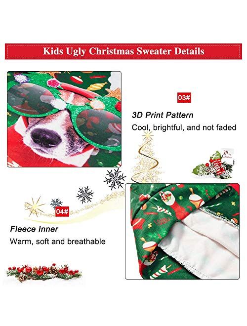 Lovekider Kids Ugly Christmas Sweater Shirt Funny 3D Xmas Pullover Sweatshirt Inner Fleece Size 4-16