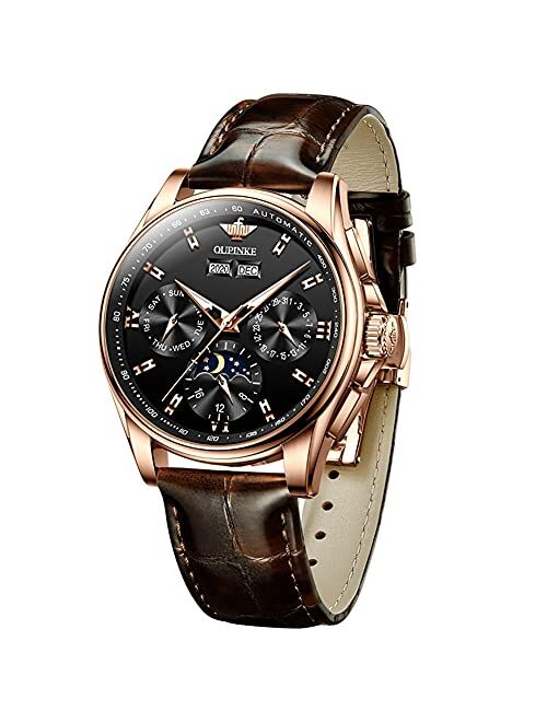 Rubie's Olevs OUPINKE Watch for Men Automatic Luxury Dress Mechanical Leather Strap Sapphire Crystal Multi Calendar Waterproof Moon Phase Wrist Watch