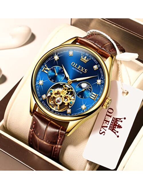 OLEVS Mens Leather Watches Automatic Mechanical Skeleton Tourbillon Diamond Luxury Self Winding Dress Wrist Watches Moon Phase Waterproof Luminous