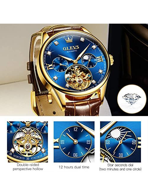 OLEVS Mens Leather Watches Automatic Mechanical Skeleton Tourbillon Diamond Luxury Self Winding Dress Wrist Watches Moon Phase Waterproof Luminous