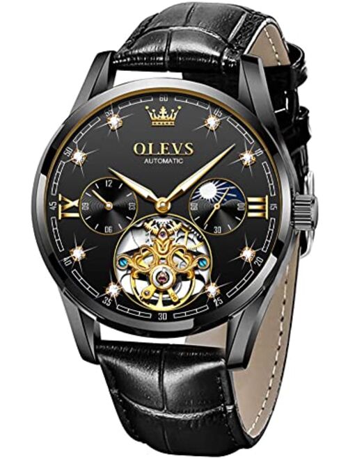 OLEVS Mens Leather Watches Automatic Mechanical Skeleton Tourbillon Diamond Luxury Self Winding Dress Wrist Watches Moon Phase Waterproof Luminous