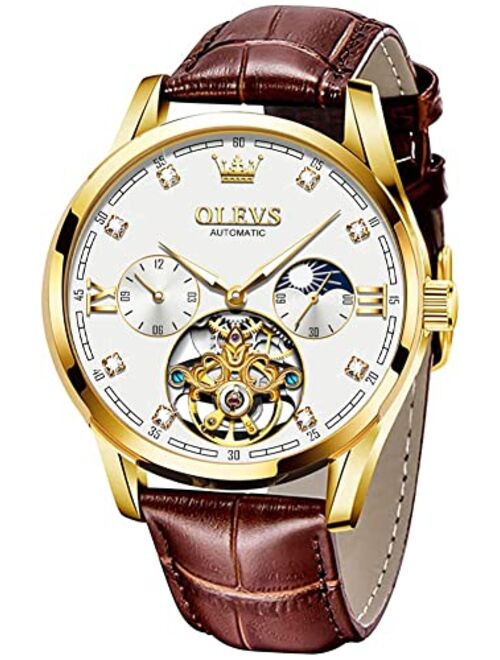 OLEVS Mens Leather Watches Automatic Mechanical Skeleton Tourbillon Diamond Luxury Self Winding Dress Wrist Watches Moon Phase Waterproof Luminous