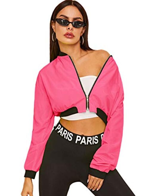 Floerns Women's Long Sleeve Lightweight Crop Bomber Jacket