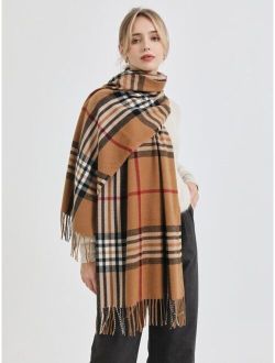 Plaid Pattern Fringe Trim Scarf