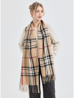 Plaid Pattern Fringe Trim Scarf