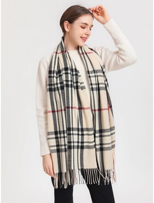 Shein Plaid Pattern Fringe Trim Scarf