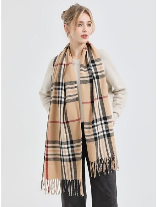 Shein Plaid Pattern Fringe Trim Scarf