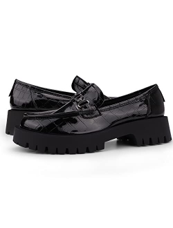 ISOMEI Women's Chunky Heel Loafers Platform Patent Leather Chunky Loafers Oxfords Shoes with Metal