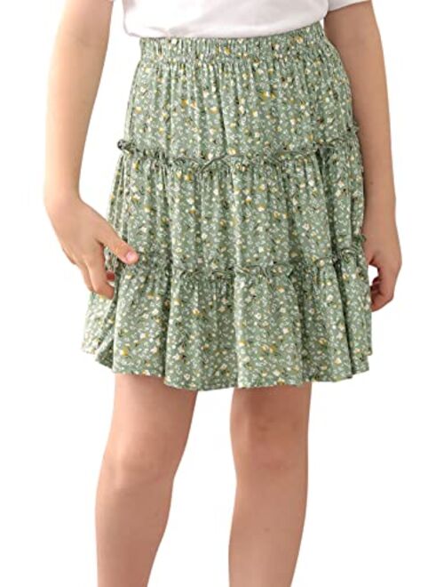 GORLYA Girls Ruffle Floral Boho Flowy Cute Tiered Short Mini Skater Skirts 4-14T