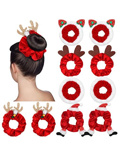 Willbond 10 Pieces Christmas Hair Scrunchies Elk Santa Claus Elastic Hair Bands Soft Velvet Hair Ties Ropes Christmas Hair Accessories for Girls Women Supplies, 5 Styles