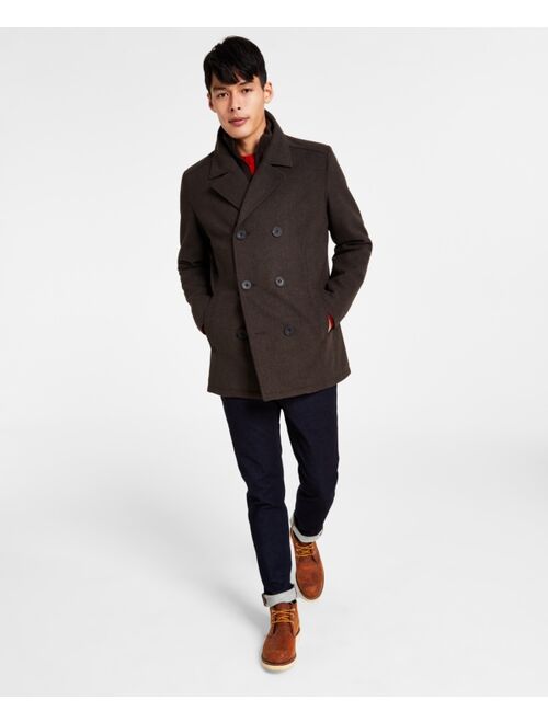 KENNETH COLE Men's Double Breasted Wool Blend Peacoat with Bib