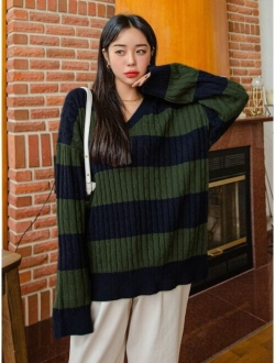 Color Block Drop Shoulder Cable Knit Sweater