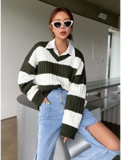 Color Block Drop Shoulder Cable Knit Sweater