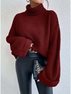 Turtleneck Drop Shoulder Waffle Knit Sweater