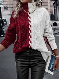 Two Tone High Neck Drop Shoulder Cable Knit Sweater