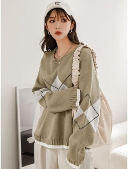 Argyle Pattern Drop Shoulder Sweater