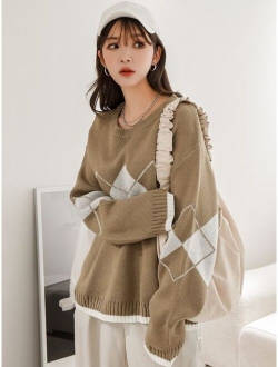 Argyle Pattern Drop Shoulder Sweater